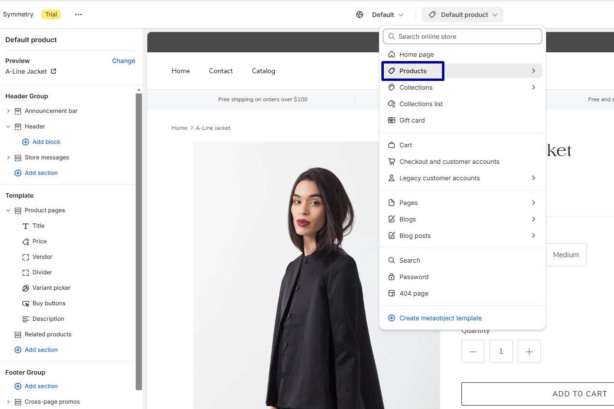 Choose Product in the theme editor
